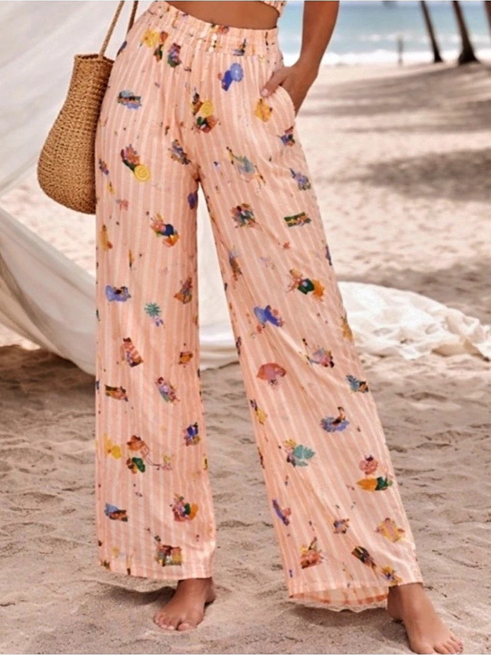Strapless flowy crop top and &Pant Wide Leg Pant SET- Beach Print - NWT- S